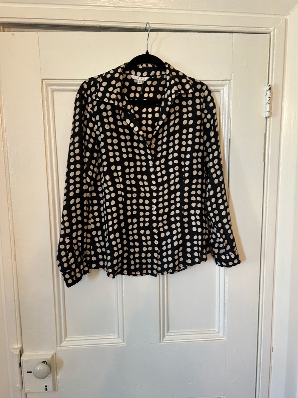 CAbi Black and Taupe Polka Dot 100% SilkButton-Down Blouse EUC